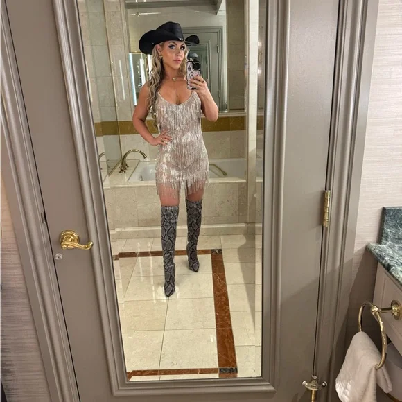 Silver Fringe Sequin Party Dress with Spaghetti Straps - Picture 2 of 5